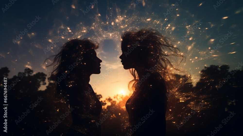 Poster a photograph gracefully merging ethereal silhouettes against a backdrop of celestial wonders, create