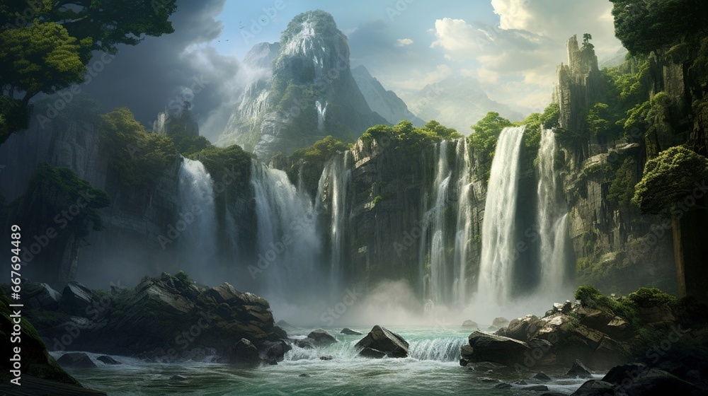 Poster an expression seamlessly combined with the cascade of a grand waterfall.