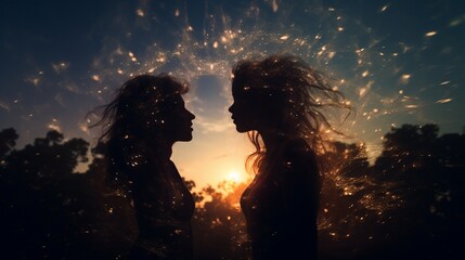 A Photograph Gracefully merging ethereal silhouettes against a backdrop of celestial wonders, create a mesmerizing double exposure composition.