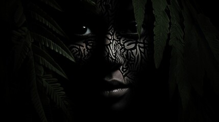 A face emerging from the shadows, enmeshed with the dark mysteries of a dense jungle canopy.