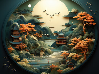 Animated film aesthetics influence the portrayal of Chinese moon cake amidst elaborate landscapes, featuring birds and clouds, and characterized by soothing green and aquamarine 