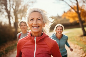 Fototapeta premium Active graceful Senior Women and Friends jogging in Lively Park Stretchingmuscle health, workout, and training with the retirement community