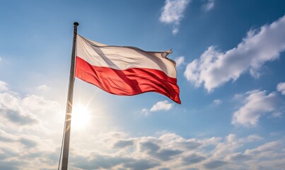 Fototapeta premium Large flag of Poland against blue sky. Independence Day November 11, Poland. Red and white polish flag blowing in wind.