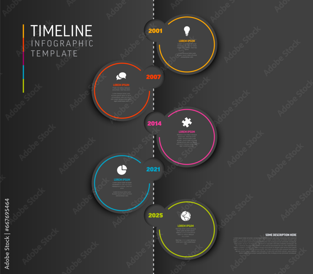 Poster simple dark vertical timeline template with circles on gray background