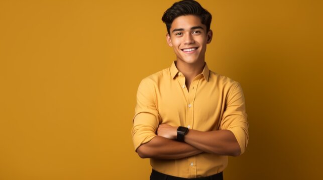 Smiling Teen Latino Man with Brown Straight Hair Photo. Portrait of Business Person on Solid Background. Photorealistic Ai Generated Horizontal Illustration.