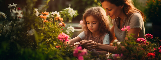 Mother and daughter plant flowers in the garden. Generative AI,