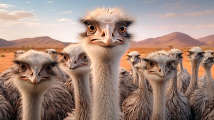 Portrait of ostriches on a farm. Generative AI, - obrazy, fototapety, plakaty