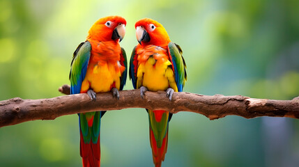 Beautiful parrots on a tree. Generative AI,