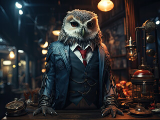 Dressed in a suit and tie, the owl stood on the platform in front of which small animals were filled, listening carefully.
