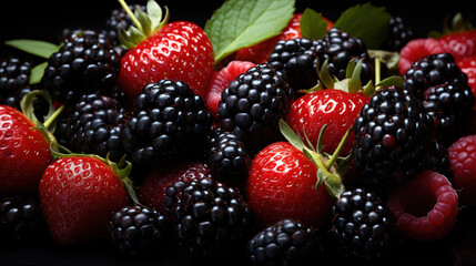 A Mixed Bunch of Black Berries and Strawberries As Defocused Background Close Up