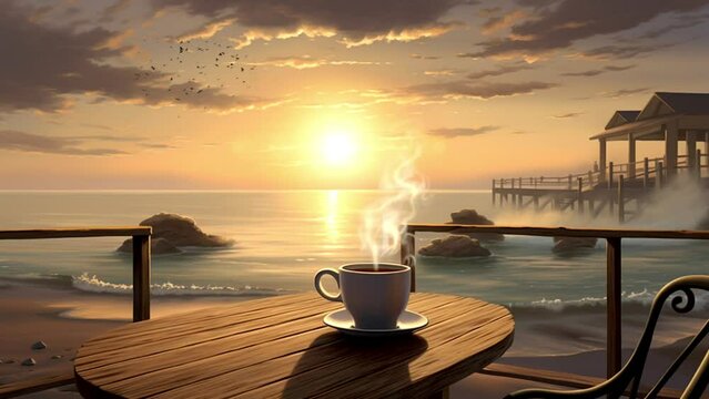 cafe on the beach at sunset, seamless looping video background animation, cartoon anime style