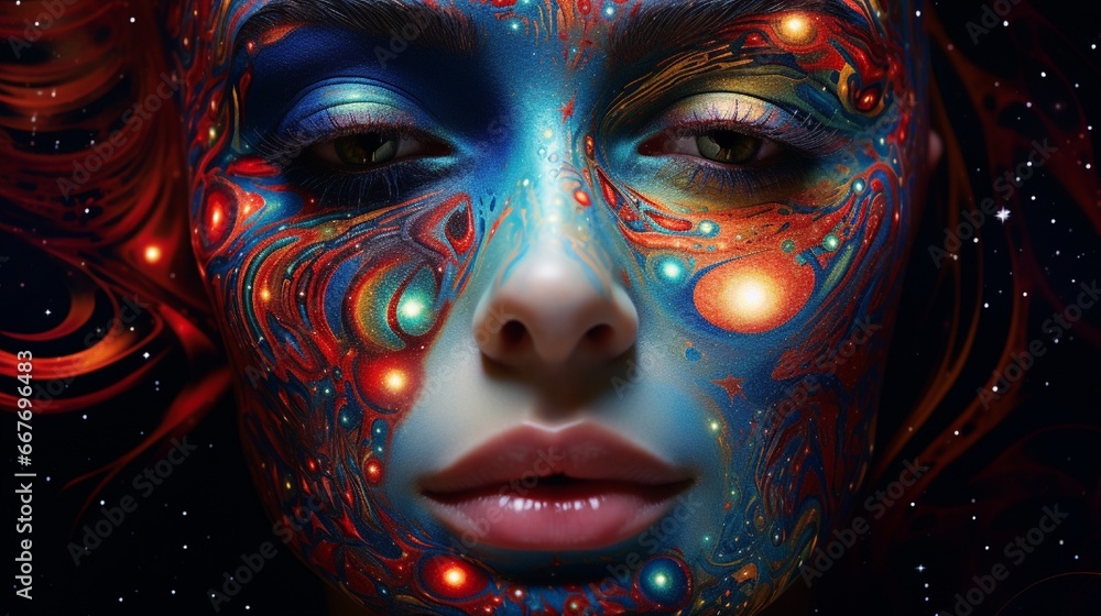 Poster integrating a face with the mesmerizing patterns of the galaxy.