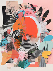 Collage portrait. Magazine clippings, fashion shoots, flowers and leaves. Abstract paper collage. - 667696415
