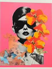 Collage portrait. Magazine clippings, fashion shoots, flowers and leaves. Abstract paper collage. - 667696444