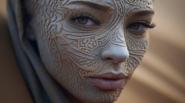 Integrating a face with the vast expanse of a desert, sand grains becoming skin texture.