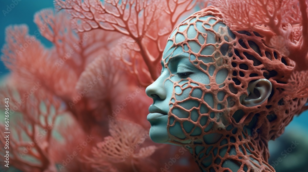 Poster overlaying a face with the intricate structure of coral reefs.
