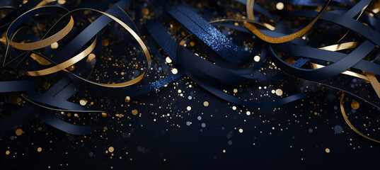 Abstract background with blue gold tinsel or shiny ribbons with bokeh particles. Christmas, New Year 2024 background and texture.  Gold foil texture. Holiday concept.	