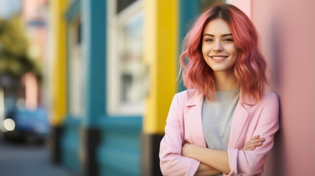 Smiling Teen Persian Woman with Pink Straight Hair Photo. Portrait of Business Person on City Background. Photorealistic Ai Generated Horizontal Illustration.