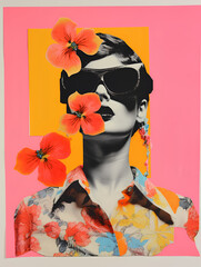 Collage portrait. Magazine clippings, fashion shoots, flowers and leaves. Abstract paper collage. - 667696841