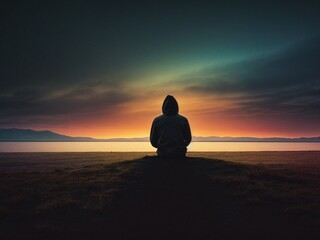 Evocative Portrait: Solitary Individual Gazing at Horizon, Reflecting Sadness, Depression, and Anxiety in Evening Light
