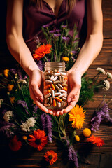 A woman holds supplements in her hands with herbs and flowers. Generative AI,