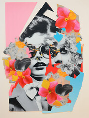 Collage portrait. Magazine clippings, fashion shoots, flowers and leaves. Abstract paper collage. - 667698232
