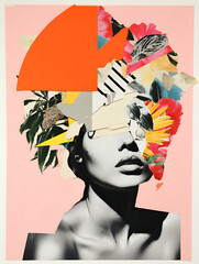 Collage portrait. Magazine clippings, fashion shoots, flowers and leaves. Abstract paper collage.
