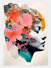Collage portrait. Magazine clippings, fashion shoots, flowers and leaves. Abstract paper collage. - 667698251
