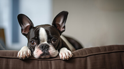 A Pet Dog Boston Terrier Lounging on the Sofa Relaxing - obrazy, fototapety, plakaty