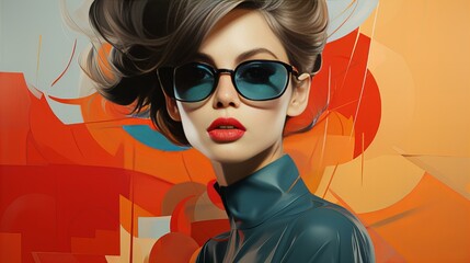 Abstract Pop Art fashion Illustration of abstract pop art The face is vivid makeup and vibrant colors gives it a retro of ink and textured patterns unique visual a banner or advertisement. - obrazy, fototapety, plakaty