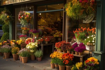 Warm flower store showcasing various blooms and outdoor ornaments. Generative AI