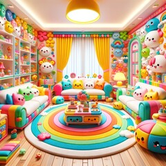 Immerse yourself in a vibrant and playful space, where every corner is adorned with colorful furniture and toys, creating a whimsical and inviting atmosphere within the walls of this designed room