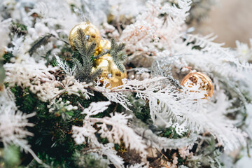 christmas decoration background. Pine tree with artificial snow and bobbles