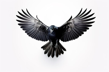 Black crow flying with wings spread on white background. - obrazy, fototapety, plakaty