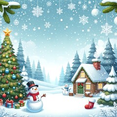 Obraz premium A festive snowman stands beside a cozy house nestled in a winter wonderland, surrounded by vibrant spruce trees and blanketed in a snow, perfect scene to capture on a christmas or new year card