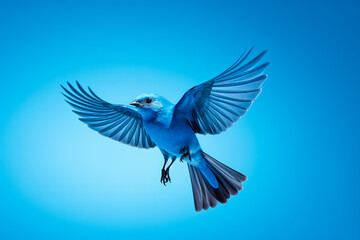 Blue bird flying with wings spread on a blue background.