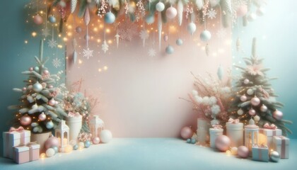 Vibrant hues of winter adorn a festive room, where twinkling lights dance upon a decked-out tree, surrounded by presents and ornaments, as a card for a merry christmas and new year celebration