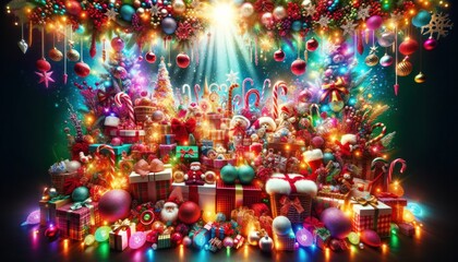 A vibrant christmas tree stands adorned with colorful lights and surrounded by presents, ready to bring joy and warmth to the holiday season as a perfect centerpiece for a festive new year's card