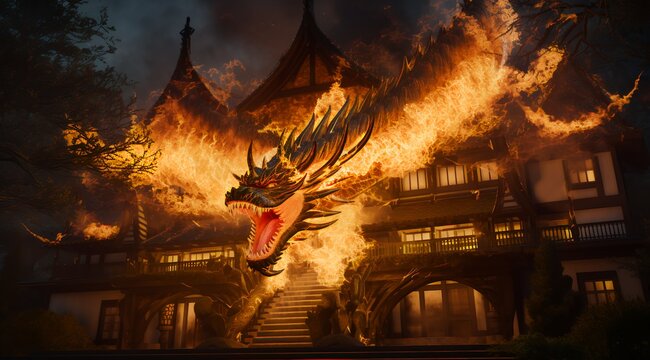 Dragon god demon on fire near a traditional Japanese temple