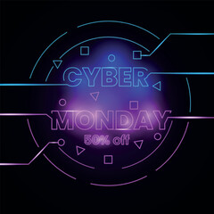 Neon Cyber Monday Banner. Text and Title of Cyber Monday. Cyber Monday sale horizontal poster or banner for seasonal discounts. 