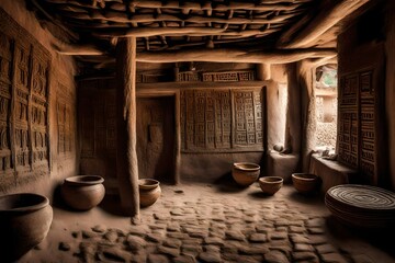 Traditional and ancient mud house interior  - obrazy, fototapety, plakaty
