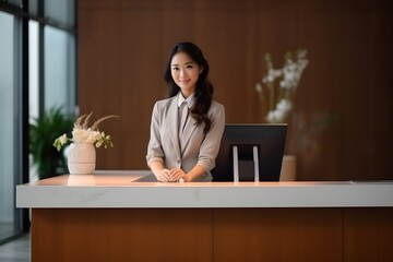 Beautiful female receptionist at the reception desk in the office center.
