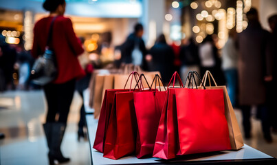 Naklejka premium Colorful paper Shopping bags. Concept of deals, offers and sales like black friday or spring sale in a mall. Shallow field of view.