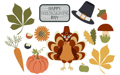 Thanksgiving Vector set of Autumn elements with Turkey, cartoon Pumpkin, Carrot, Apple, Fallen leaves, Pilgrim hat, Mushroom. Happy Thanksgiving day, Harvest festival. Autumn greeting card design