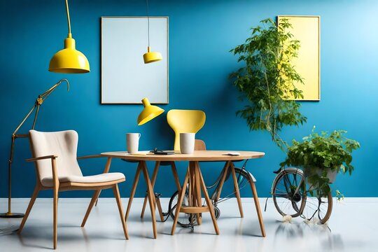 Minimal, modern interior with two chairs, a bicycle, a table with a plant on it and a yellow lamp above, against blue wall 