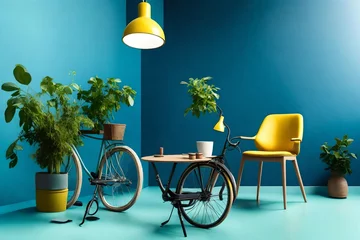 Foto op Canvas Minimal, modern interior with two chairs, a bicycle, a table with a plant on it and a yellow lamp above, against blue wall  © Malaika