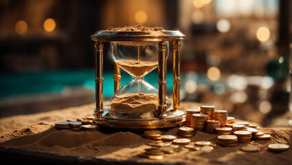 Time is Money: Hourglass with Coins Displayed on a Table - obrazy, fototapety, plakaty