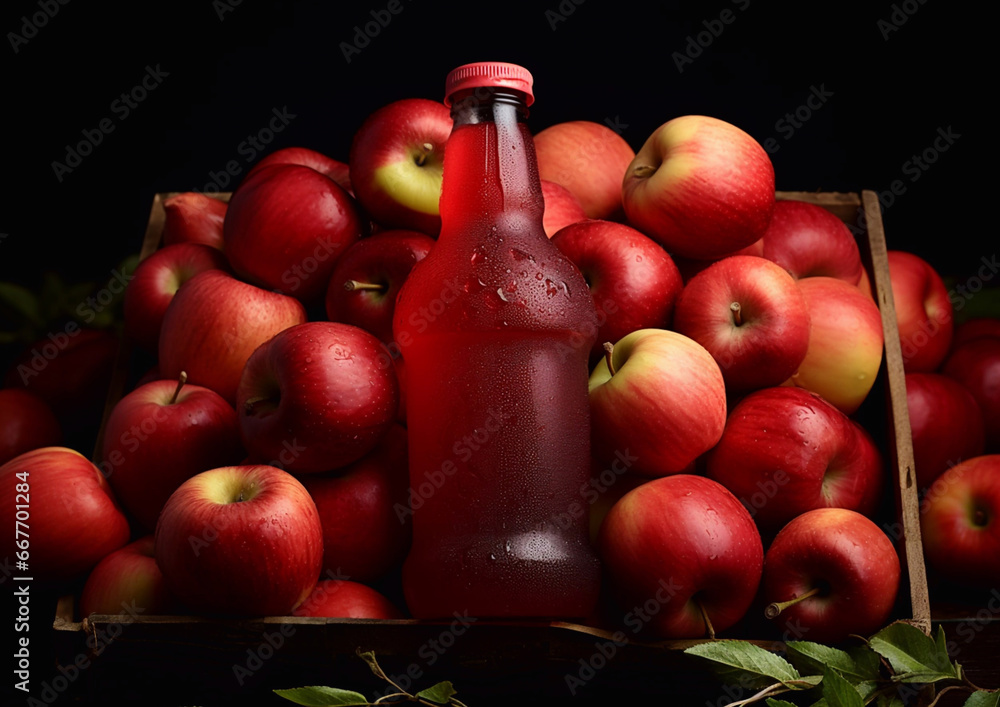 Wall mural Red organic apple juice bottle with ripe apples in box on dark background.Macro.AI Generative - Wall murals
