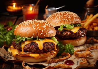Two juicy tasty beef cheeseburgers with lettuce and sauce and chips on paper background in restaurant.AI Generative