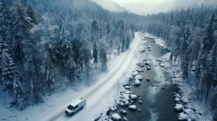 Fototapeta na wymiar Concept of auto travel during winter holiday. White car van home on wheels driving on snow along mountain road near forest and stormy river. Aerial view. Road trip journey. Generative AI.